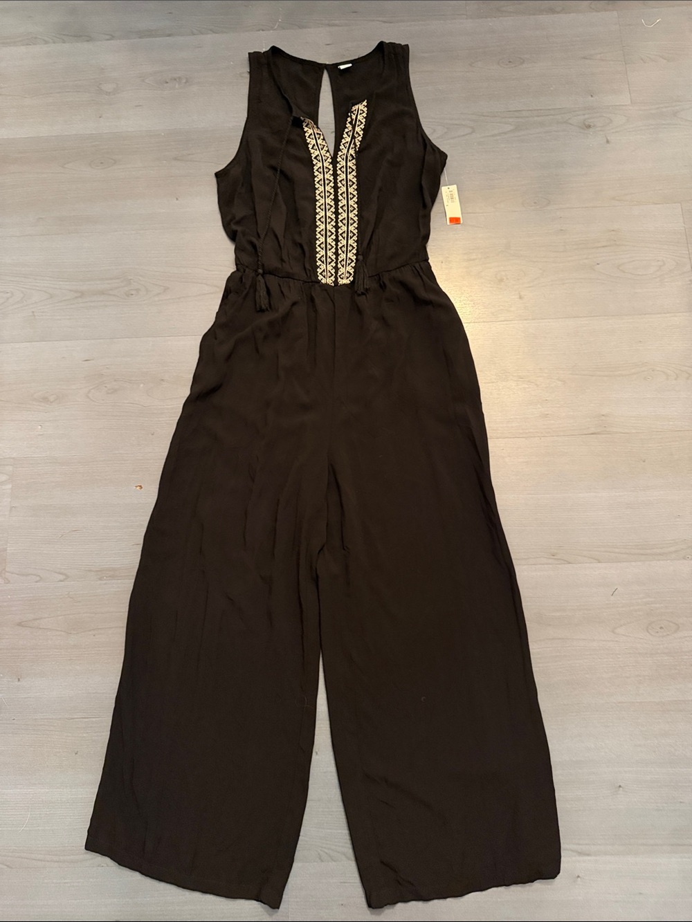 Old Navy Black Sleeveless Jumpsuit with Ivory Embroidered Placket